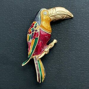 Vintage Don-Lin Toucan Brooch Gold Tone Colorful Enamel Rhinestone Bird Pin